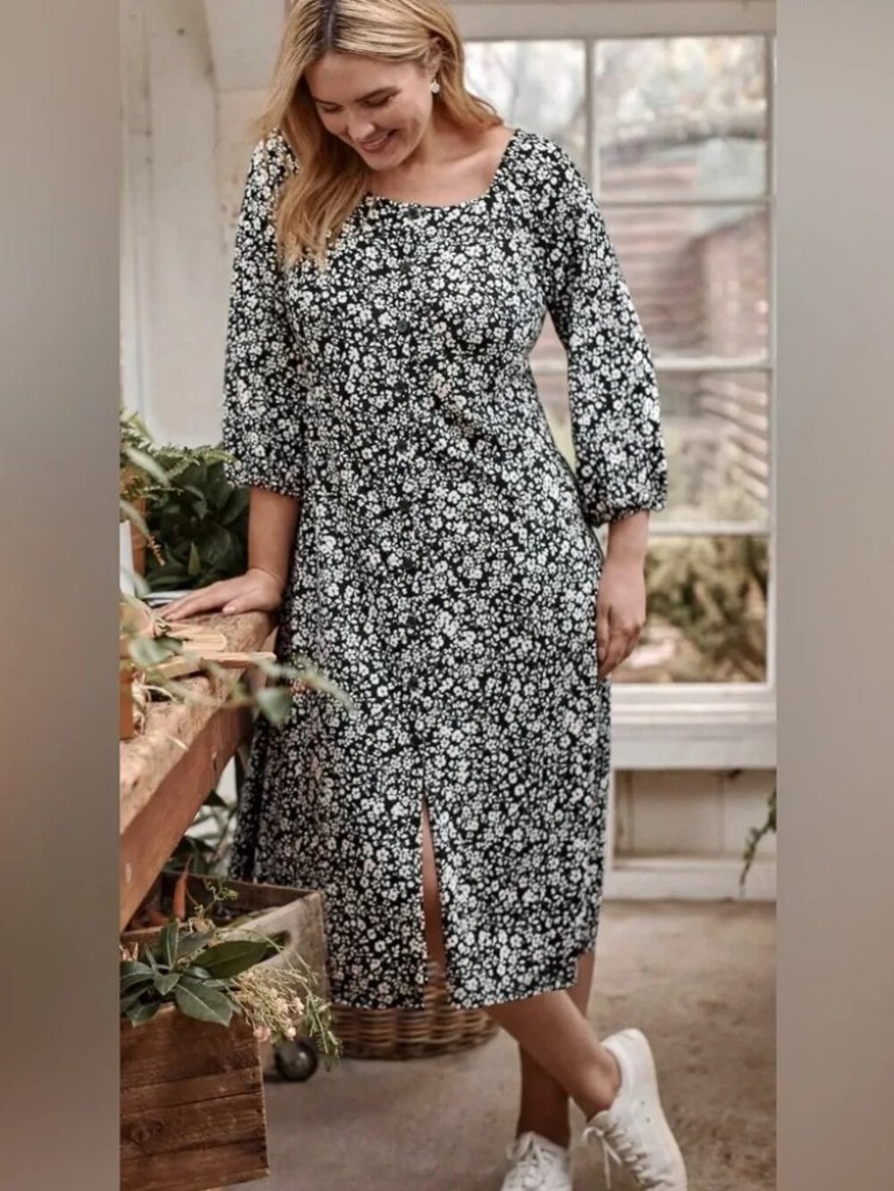 J.Jill NWOT Black/White Floral Button-Front Knit Midi Dress Size L tall